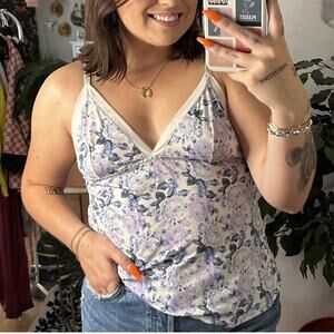 Y2K Floral V-Neck Cami Top Blue White Size Medium